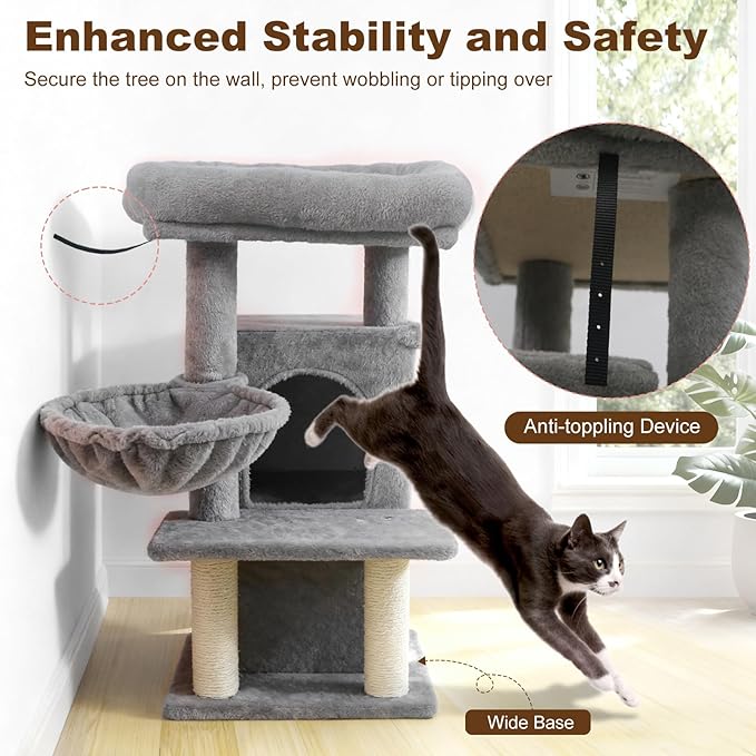 Tangkula Cat Tree Tower, 33.5 Inch Cute Cat Tower with 2-Tier Large Condo, Sisal Scratching Posts, Padded Top Perch, Dangling Toy, Rotatable Cozy Basket, Cat Climbing Furniture (Light Gray)