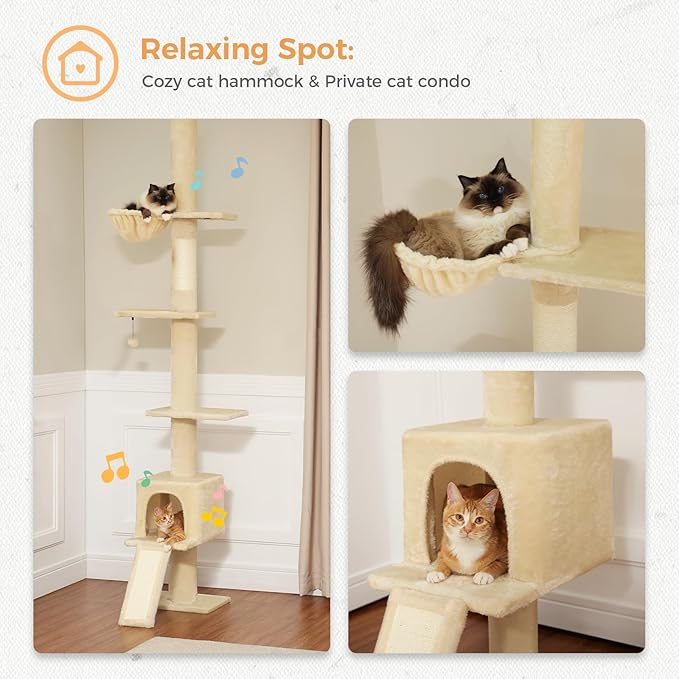 PETEPELA Floor to Ceiling Cat Tree, Cat Tower 5 Tiers Tall (83-108 Inches) Adjustable Height, Cat Climbing Tree Featuring with Condo, Scratching Post and Perches for Indoor Cats, Beige