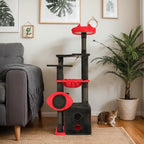 Gothic Halloween Cat Tree Tower, 5-Level Cat Furniture with Scratching Posts, Spider Toy, Condo & Perch for Indoor Cats, Black Red Large Cat Tower