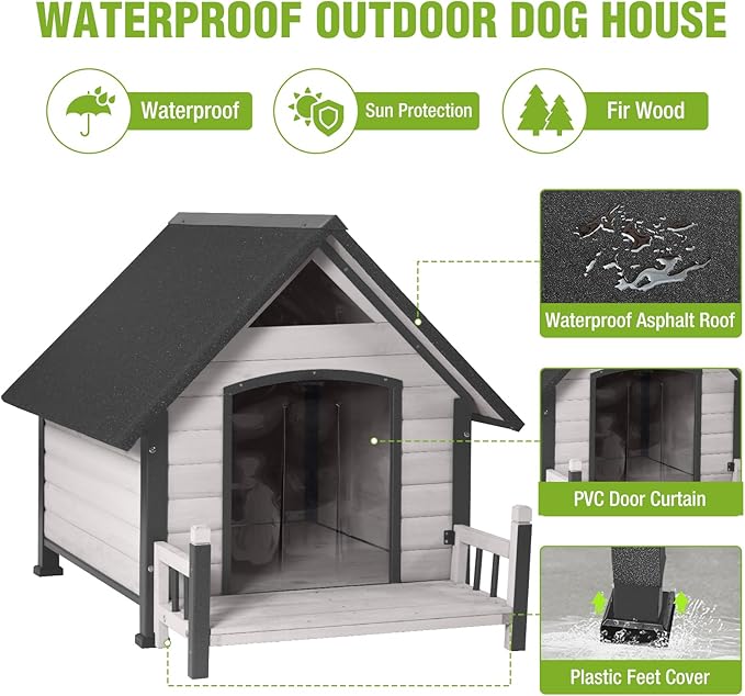 GUTINNEEN Dog House Outdoor with Anti-Bite Metal Frame, Dog Kennel with Porch and Weatherproof Roof for Small, Medium, Large Breeds, Puppy Home Indoor (White, 45’’ Medium)