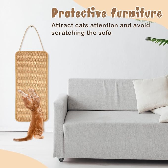 2 Pack Sisal Door Cat Scratching Mat Double Use Hanging Scratcher Wall Floor Mount Cat Scratch Mat Kitty Scratching Pad for Indoor Kitten with Hemp Rope, 7.87"x19.69"(Regular,Brown)