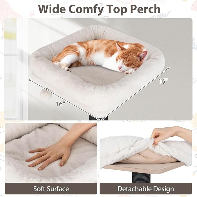 PETSITE 59.5 Inches Modern Cat Tree, Multi-Level Cat Tower with Scratching Posts, Large Condo with Removable Pad, Cushioned Soft Top Perch, and Interactive Dangling Ball (Brown)