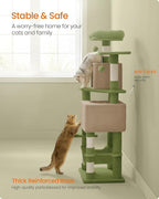 Feandrea Cat Tree, 59.5-Inch Tall Cat Tower, Plush Multi-Level Condo with 5 Scratching Posts, 2 Perches, 2 Caves, Hammock, 2 Pompoms, Grass Green and Camel Brown UPCT192C03