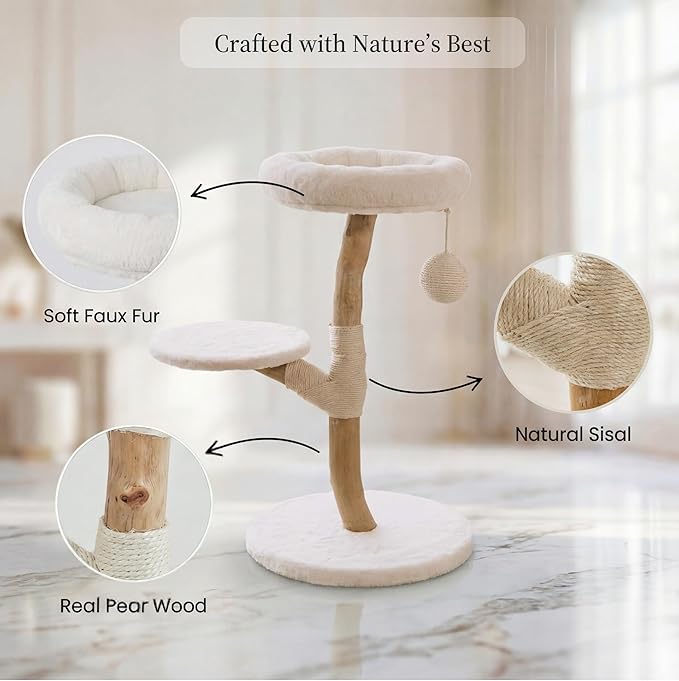 LEO & LEXI Real Wood Modern Cat Tree Tower, Cat Scratching Post with Bed for Small Indoor Cats, Solid Wooden Climbing Tower, Aesthetic Stand, Boho Luxury Pet Furniture