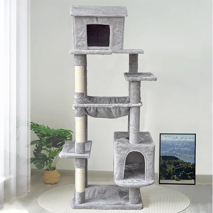 64in Multi-Level Cat Tree for Indoor Cats - Plush Gray Cat Tower with Hammock, Sisal Scratching Posts & Cozy Cat House, Ideal for Multiple Cats, 5-Level Cat Furniture with Dangling Toy