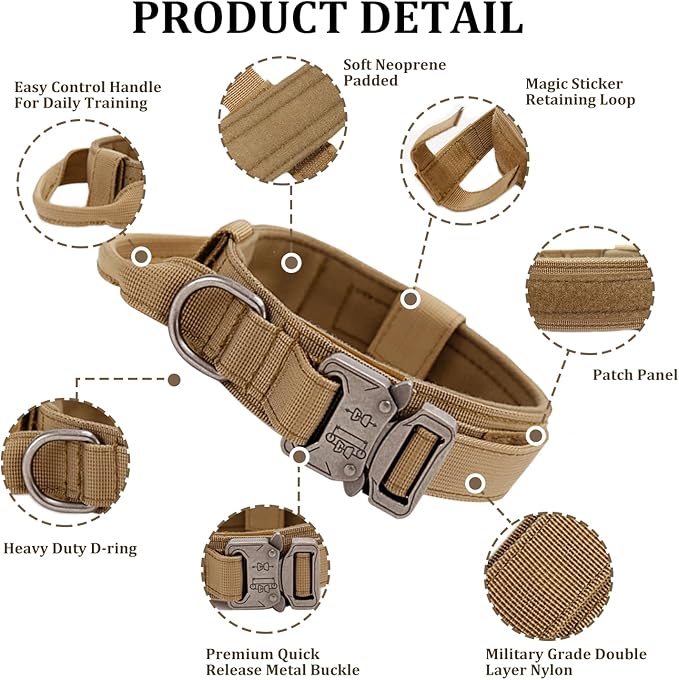 Tactical Dog Collar with Handle - Military Adjustable Dog Training Collar Soft Nylon and Heavy Duty Metal Buckle for Medium Large Dogs - with Patch (Brown, Medium)