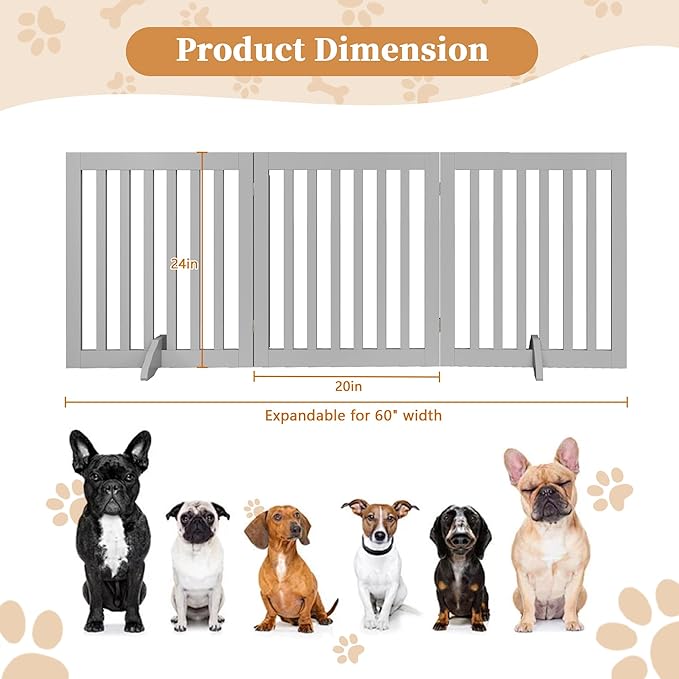 24”H Freestanding Wooden Pet Gate, Dog Gate for Stairs, Doorways, and Hallways, Step Over Foldable Pet Fence for Indoor Use, Support Feet Included, 60 inch Wide 3 Panels, Grey
