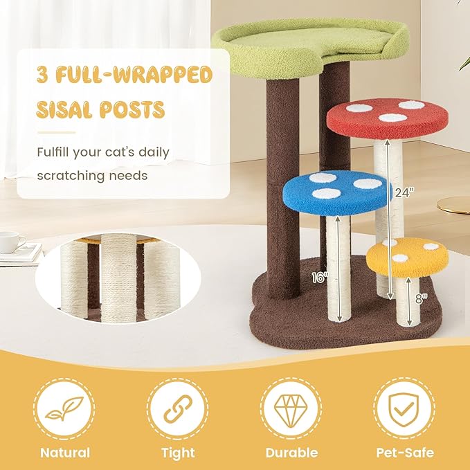 Giantex Cute Cat Tree - 37 Inches Mushroom Cat Tower with 3 Full-Wrapped Sisal Scratching Post, Padded Top Perch, Washable Mat, Multi-Level Cat Activity Tree for Indoor Cats Kitten