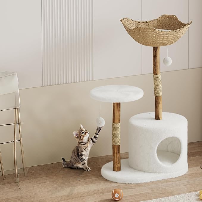Premium Solid Wood Cat Tree Tower with Sisal Scratching Posts Multi-Level Cat Climber with Plush Condo for Indoor Cats, Modern Scandinavian Design Pet Furniture