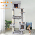 Tall Cat Tree 64 in, Multilevel Cat Tower for Adult Cats, Climbing Tree House and Towers with Condo Hammock Scratching Post Wide Base (Light Gray, 64 in)