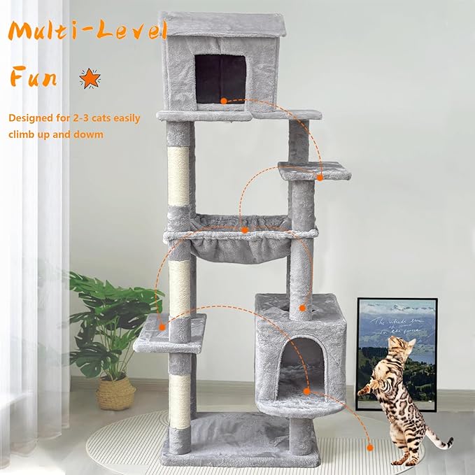 Tall Cat Tree 64 in, Multilevel Cat Tower for Adult Cats, Climbing Tree House and Towers with Condo Hammock Scratching Post Wide Base (Light Gray, 64 in)