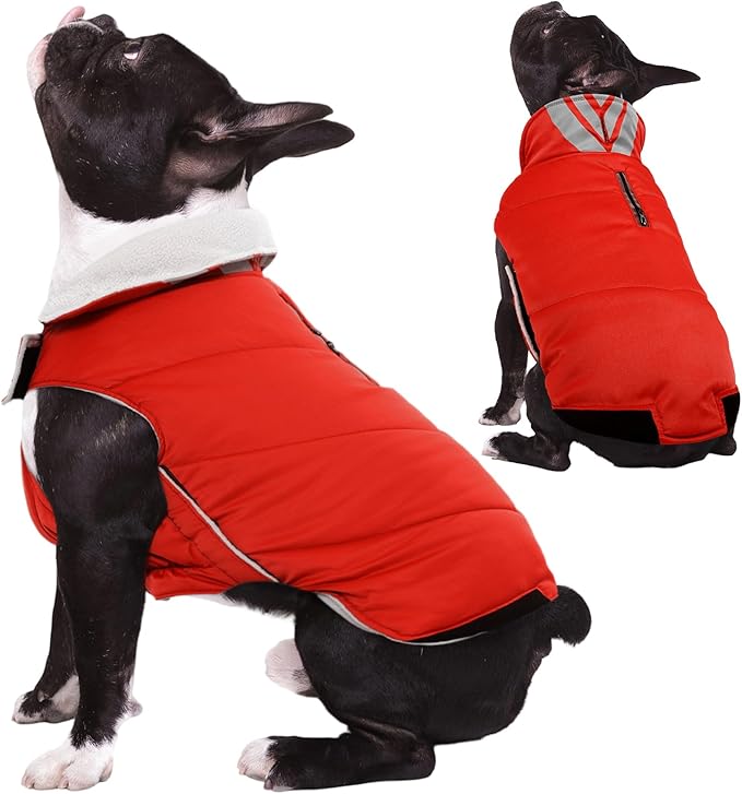 Kuoser Dog Coat Small, Cold Weather Reflective Waterproof Dogs Jacket with Warm Fleece Lining, Turtleneck Dog Winter Coat with Zipper, Doggy Snow Jacket Pet Coats for Small Medium Large Dogs, Red S