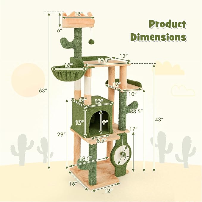 PETSITE 63 inch Cactus Cat Tree, Multi-Level Tall Cat Tower with Sisal Scratching Posts and Board, Comfy Condo, Rotatable Basket, Hanging Toys, and Anti-tipping Device, Modern Cat Tree for Indoor Cats