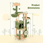 PETSITE 63 inch Cactus Cat Tree, Multi-Level Tall Cat Tower with Sisal Scratching Posts and Board, Comfy Condo, Rotatable Basket, Hanging Toys, and Anti-tipping Device, Modern Cat Tree for Indoor Cats
