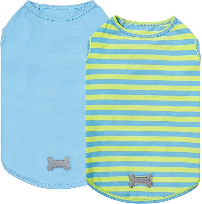 KYEESE 2Pack Dog Shirt, Soft Striped Dogs T Shirts, Lightweight Doggie Tank Top Cat Clothes, Sleeveless Dog Shirt for Small Dogs, Stretchy Pet Vest, Blue, Medium