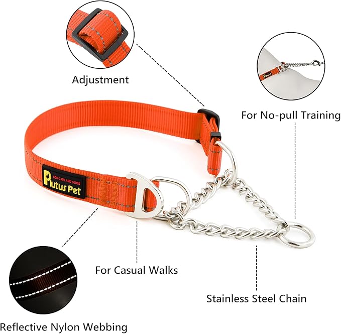 Plutus Pet Martingale Dog Collar with Stainless Steel Chain and Reflective Nylon, Adjustable No Pull Training Collar, for Small Medium, and Large Dogs, Orange, M