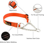 Plutus Pet Martingale Dog Collar with Stainless Steel Chain and Reflective Nylon, Adjustable No Pull Training Collar, for Small Medium, and Large Dogs, Orange, S