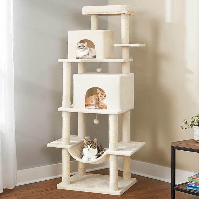 Tangkula 70 Inch Tall Cat Tree, Multi-Level Large Cat Tower with Sisal Scratching Posts, Plush Top Perch, 2 Condos, Hammock, 2 Dangling Balls, Cat Tree Tower for Indoor Cats Large Adults (Beige)