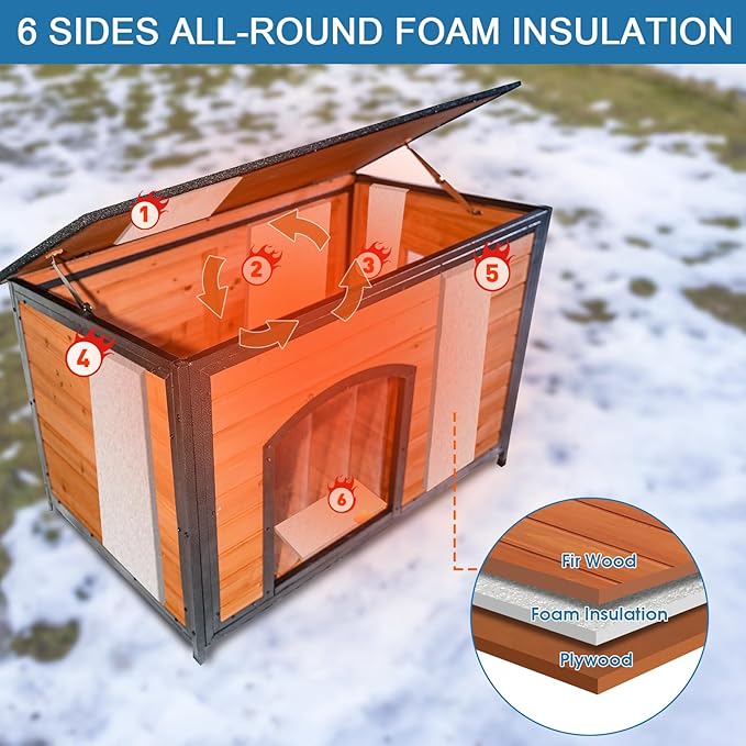 Dog House Outdoor Insulated 43.3" L Large Dog Kennel 6 Sides All-Round Foam Winter Weatherproof for Small Medium Large Dogs with Strong Metal Chew Proof Frame