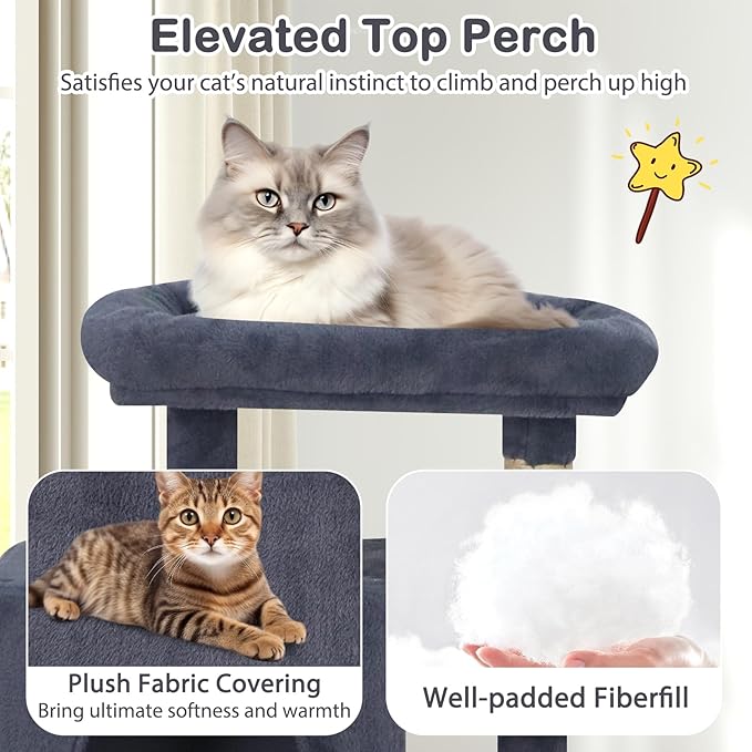 Tangkula 70 Inch Tall Cat Tree, Multi-Level Large Cat Tower with Sisal Scratching Posts, Plush Top Perch, 2 Condos, Hammock, 2 Dangling Balls, Cat Tree Tower for Indoor Cats Large Adults (Dark Grey)