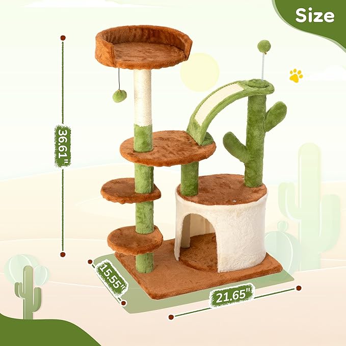 Cactus Cat Tree for Indoor Cats, Multi-Level Cat Tree Tower with Sisal Scratching Posts, Stable Cat Condo with Perches and Steps, 36.6", Brown