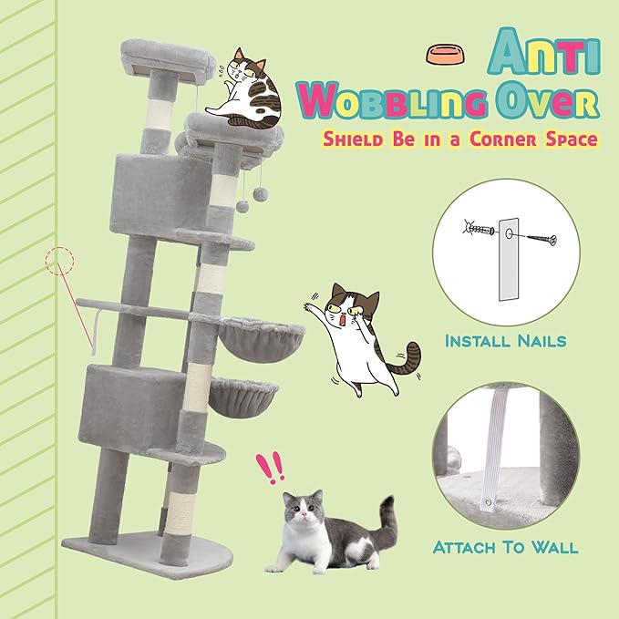 SHA CERLIN 73" Space-Saving Cat Tree/Multi-Level Tall Cat Tower with Perches/Scratching Posts/Condo & Hanging Baskets/Modern Fan-Shaped Design for Indoor Kitties/Pet Activity House/Grey