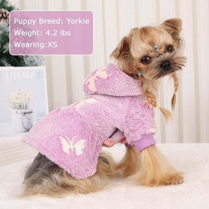 Dog Sweater Fleece Dog Hoodie Winter Puppy Clothes for Small Dogs Boy Girl Pet Hoodies Cold Weather Doggie Coats Fall Doggy Sweatshirt for Chihuahua Yorkie Cat Sweater Costume, Purple Butterfly, XS