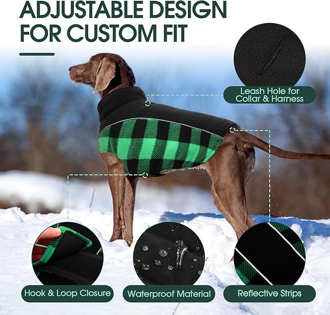 Kuoser Dog Winter Coat, Reversible Waterproof Dog Jacket with Reflective Strip, Warm Dogs Fleece Vest Adjustable Doggy Cold Weather Clothes Plaid Christmas Outfit Pet Apparel for Large Dogs, Green 2XL