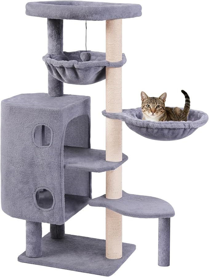 45in Cat Tree Tower with Big Condo for Indoor Cats,Cat Tower with Scratching Post,Scratching Board and Cat Toys,Multi-Level,Small Space,Transformer Cat Tree (Grey+)