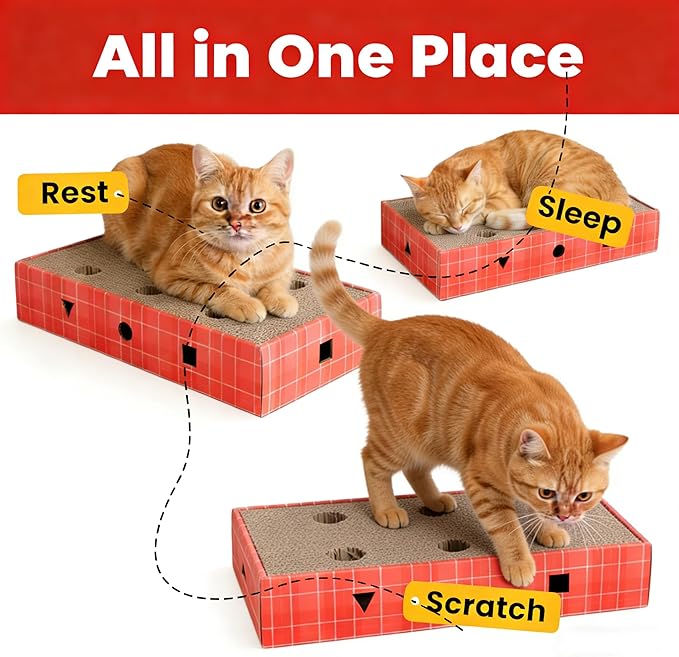 Cat Scratcher Cardboard 3-in-1 Interactive Cat Scratching Board with Bell Ball, Double-Sided Durable Corrugated Cat Toy for Indoor Cats