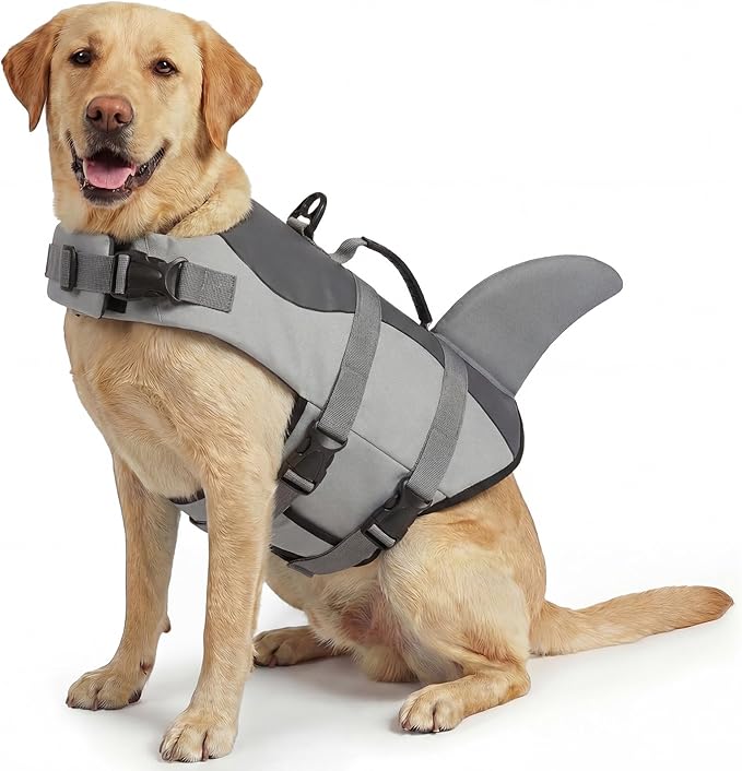 ASENKU Dog Life Jacket - Pet Safety Vest for Swimming & Boating, Shark Life Jacket with Floatation, Dog Lifesavers Swimsuits for Small Medium Large Dogs (Grey, L)
