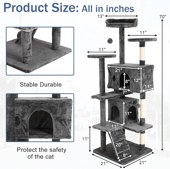 Cat Tree 70 Inches Cat Tower for Indoor Cats Multi-Level Cat Condo with Litter Box Enclosure,Scratching Posts for Indoor Cats (Ashy)