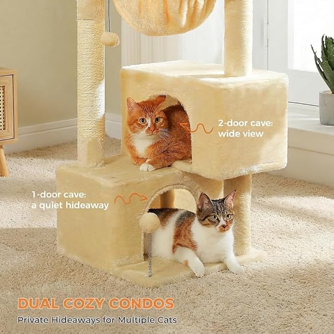 Cat Tree 45" for Indoor Cats, Compact Cat Tower with 2 Condos, Hammock Bed & 5 Hanging Ball Toys, Space-Saving Sturdy Cat Condo Furniture for Kittens & Small-Medium Cats
