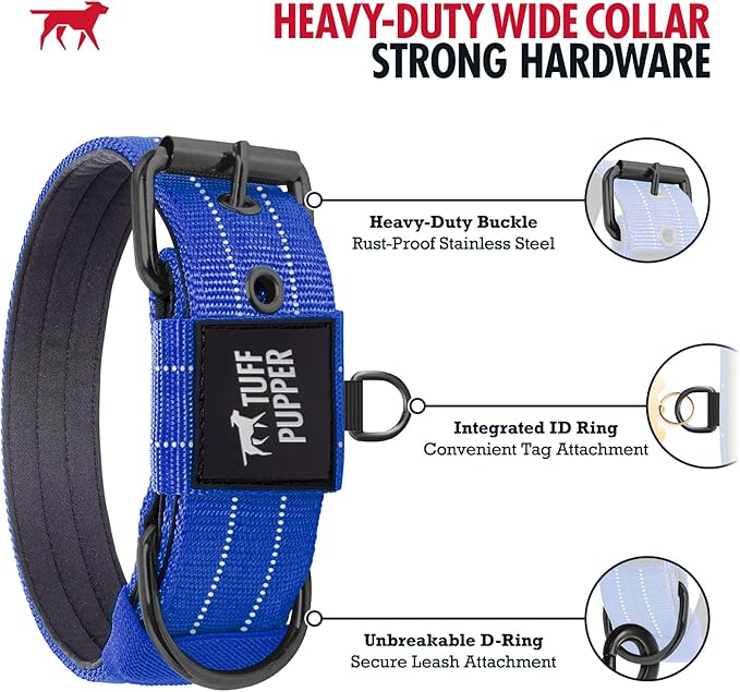Tuff Pupper Heavy Duty Tactical Dog Collar | 1.25" Wide Ballistic Nylon | Reflective Stitching | Integrated ID Tag Holder | Stainless Steel Buckle | Padded Lining | Small & Medium Dogs (Blue, Small)
