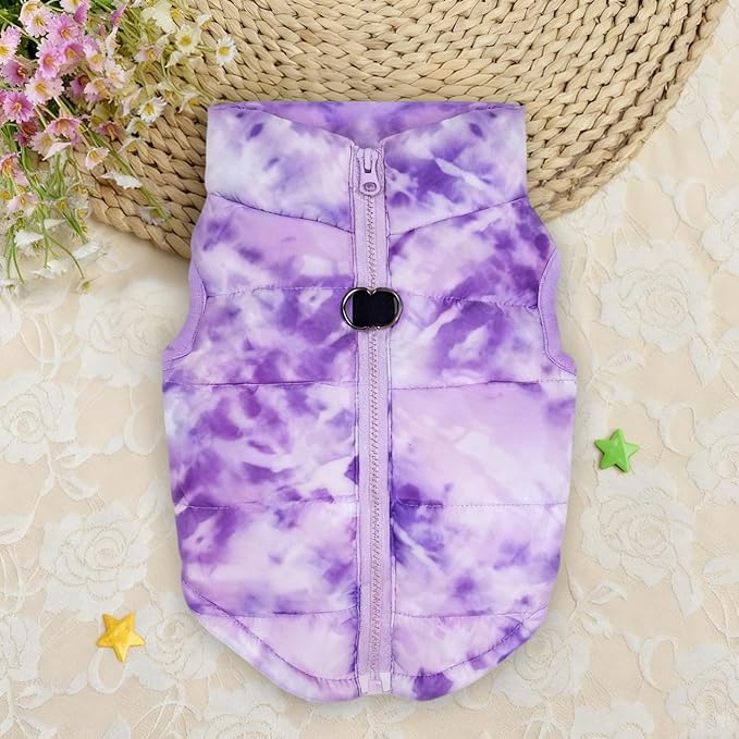 Idepet Pet Dog Cat Coat with Leash Anchor Color Patchwork Padded Puppy Vest Jacket Teddy Chihuahua Costumes Pug Cloth XS S M L(XX-Large,Purple Tie-dye)