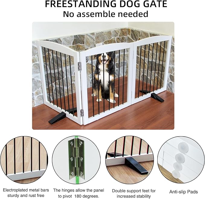 Freestanding Panel Dog Gate for Indoor, Doorways,Stairs, or Hallways,Foldable Wooden Dog Fence for House,Pet Gate for Dogs, Puppy Gate,Support Feet Included,24 "Height-3 Panels,White