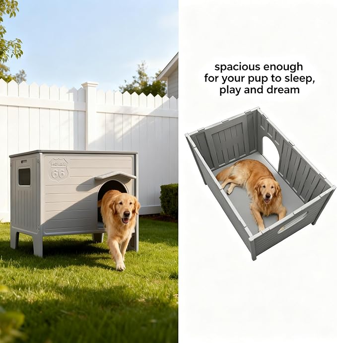 Insulated Outdoor Indoor Dog House with Mat Plastic Weatherproof Elevated Dog Shelter, Easy Assemble, Expansive Interior‌ Grey 38.3" D * 26.5" W * 32.4" H