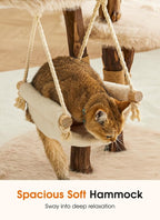 59" Modern Cat Tree Tower for Large Indoor Cats, Perches-Natural Solid Wood Cat Tower with Sisal Scratching Post, Perches, Hammock & PlayBalls, Aesthetic Boho Cat Furniture