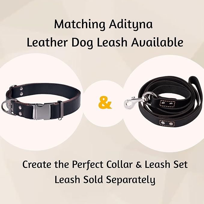 ADITYNA Leather Dog Collar with Metal Buckle - Heavy-Duty, Adjustable for Medium & Large Dogs - Walking, Training, Tactical (Black, Fits 15-21" Necks)