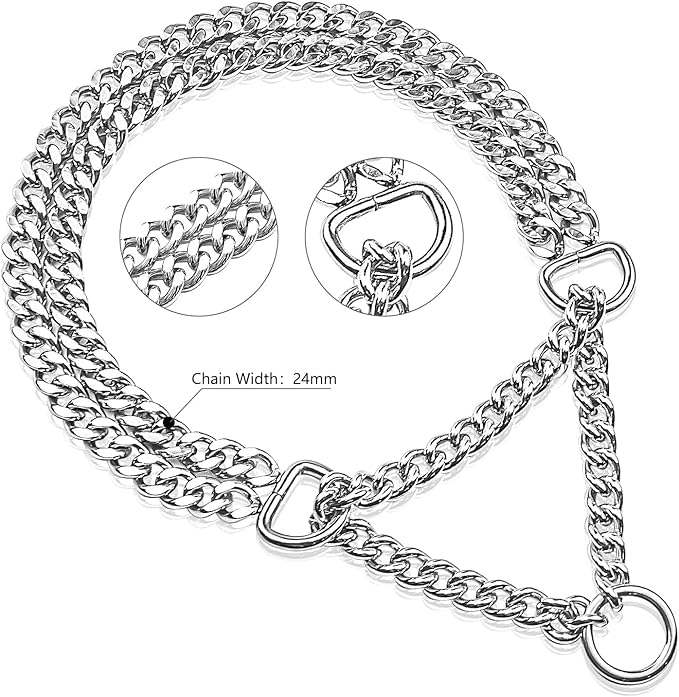 Silver Dog Choker Collar,2 Rows Stainless Steel Dog Chain Cuban Link Metal Martingale Collar Heavy Duty Training Choke Collar for Small Medium Large Big Breed (Silver, L(Neck Max 20inch) D3.0mm)