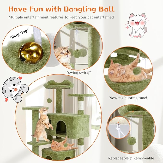 Sweetcrispy 54 Inch Cat Tree Tower, Multi-Level with Cat Scratching Post, Indoor Cat Condo with Climbing Ladder, Plush Toy, Play House for Cat, Green