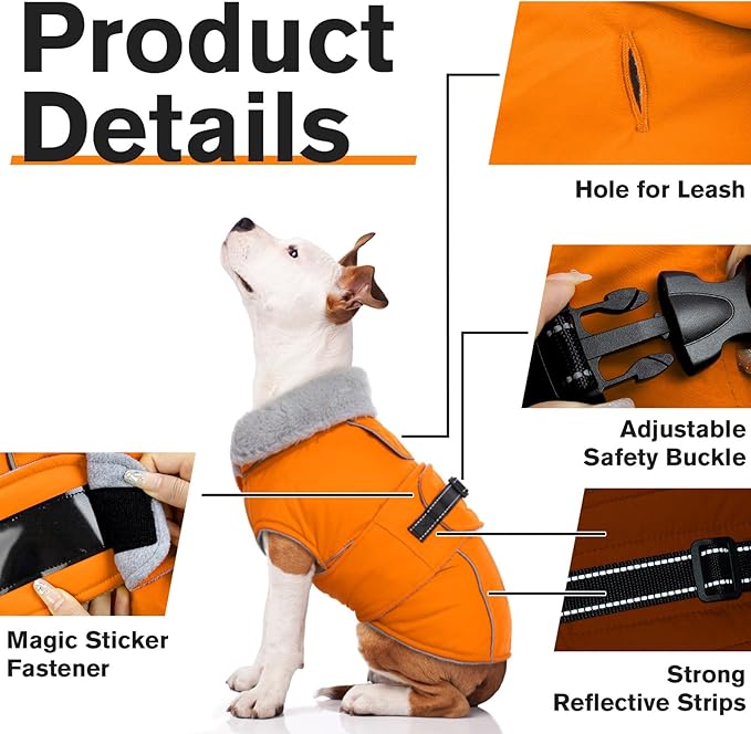Lelepet Dog Coat Waterproof Dog Jacket Reflective Fleece Vest with Adjustable Buckle & Leash Hole Windproof Cold Weather Coats for Small Medium Large Dogs, Warm Hunting Vest, Orange, XXL