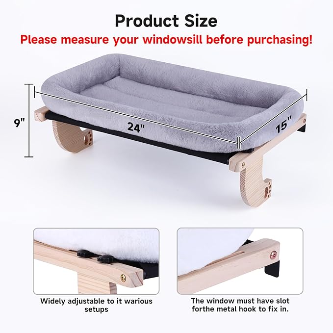 Cat Window Perch Hammock Wall Shelves Beds for Indoor Cats Supplies Design Robust Metal Frame Seat Large Cats and Kittens Pets Natural Wood, 24''L Easy to Adjust Windowsill, Bedside (White)