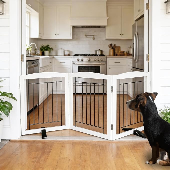 Dog Fence Indoor,Dog Gate Indoor for Doorway pet gate -3-Panel Freestanding, Hallways, House or Stairs -60x24-Inch Retractable Foldable Expandable Wood Pet by SFJC (White) ﻿ ﻿