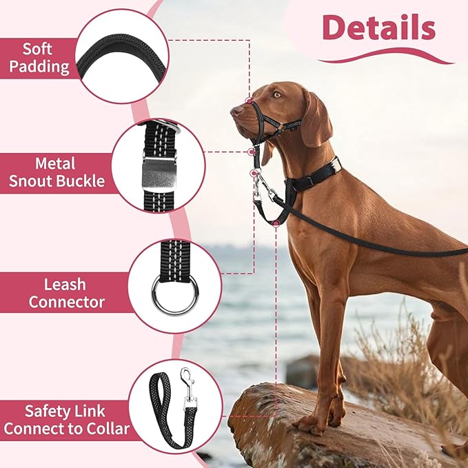 BARKLESS Sturdy No Pull Head Collar for Medium Large Dogs, Gentle Reflective Head Halter with Safety Link, Adjustable Nylon Dog Training Muzzle Leash for Walking Control (Hot Pink, XL)