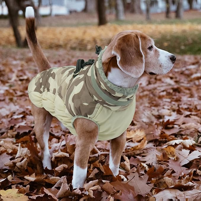 Lelepet Warm Dog Winter Coat Dog Coats for Large Dogs Waterproof Dogs Jacket with Harness Built in Reflective Cold Weather Coats Windproof Zip-Up Winter Fleece Vest Snowsuit Boxer Desert Camo XL