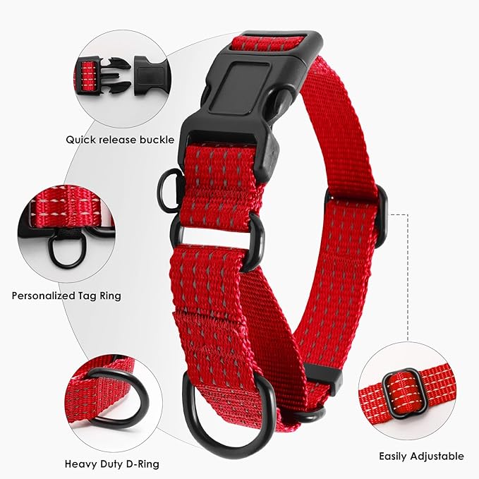 Martingale Dog Collar, Reflective No Pull Training Collar with Quick Release Buckle, Adjustable Heavy Duty Nylon Choker Collars for Small Medium Large Dogs(M,Red)