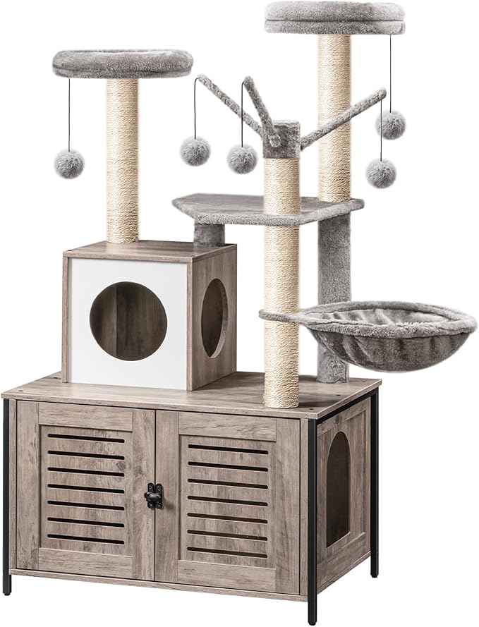 HOOBRO Cat Tree with Litter Box Enclosure, 27.6" L x 18.9" W x 52" H, All-in-One Wooden Cat Tower, Cat Furniture for Indoor Cats, Cat Condo with Hammock, Detachable Teaser Sticks, Greige BG14MZ03