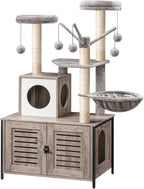 HOOBRO Cat Tree with Litter Box Enclosure, 27.6" L x 18.9" W x 52" H, All-in-One Wooden Cat Tower, Cat Furniture for Indoor Cats, Cat Condo with Hammock, Detachable Teaser Sticks, Greige BG14MZ03