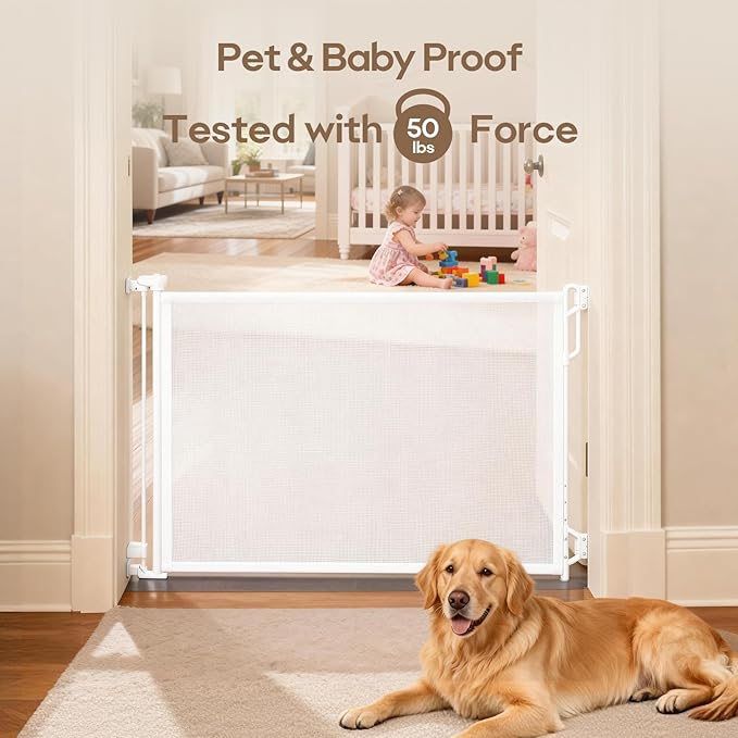 Retractable Safety Baby Gate or Mesh Dog Gate,Durable Portable Mesh Retractable Gate,Easy to Use for Stairs, Doorways, Hallways, Indoor, Outdoor, 33.5" Tall, Extends to 55" Wide,White